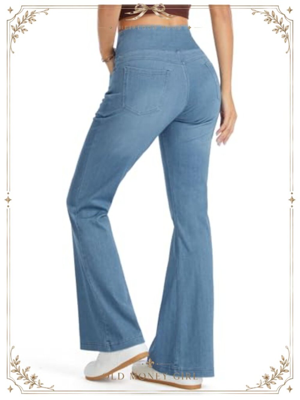 High Waisted Bell Bottom Pull On Stretch Jeans with Pockets